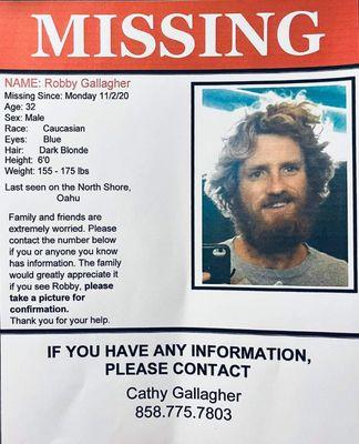 Missing Person in Hawaii coming up on 3 years since Robby Gallagher was last seen on the North Shore of Oahu.