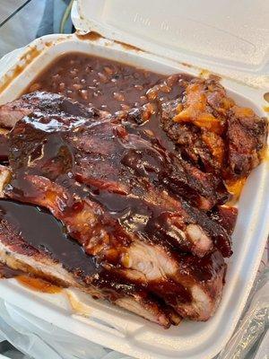 1/2 Slab Pork Ribs Platter BBQ Baked Beans Candy Yams