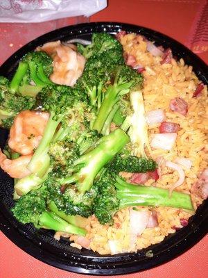 Shrimp  and broccoli  over pork fried rice