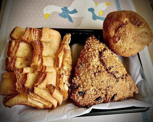 Bear claw, currant scone, and ginger thing