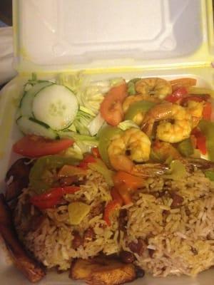 Curry Shrimp, Rice & Peas, Sweet Plantains w/ Salad (All this food for $11.00) I just wish the Curry was more spicy.