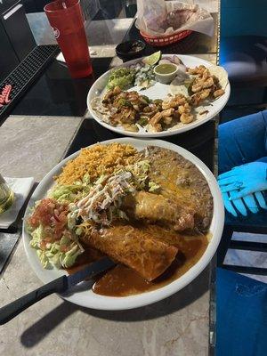 Tacos de camarones and smothered combo