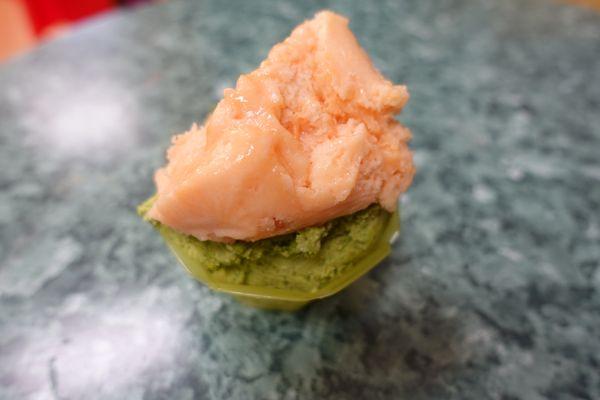 Blood Orange Sorbet (Top) Pistachio Gelato (Bottom)