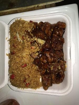 Disgusting and not orange chicken nor vegetable fried rice