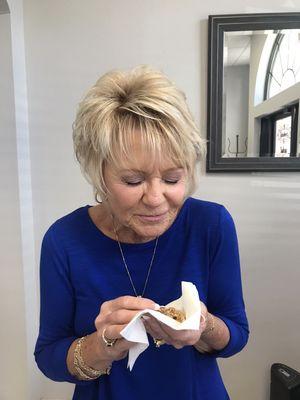 Debbie P. sampling our Carrot Cake cookie-"Amazing cookie! Better than carrot cake!