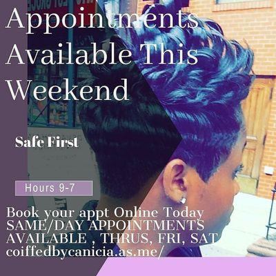 Call to Book you Appointment. 
ONLINE BOOKING ALSO AVAILABLE