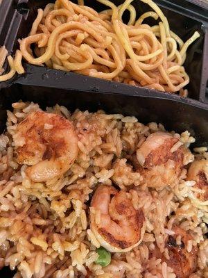 Fried rice, noodles, and shrimp