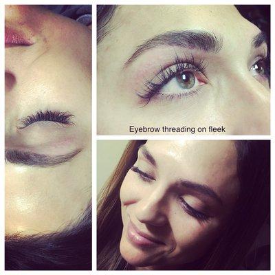 Eyebrow threaded and natural looking lashes. Per customer.