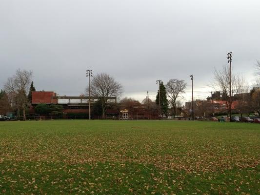 QACC building on left, QA Aquatic Center to the right. View is from playfield with 2 baseball diamonds & soccer field.