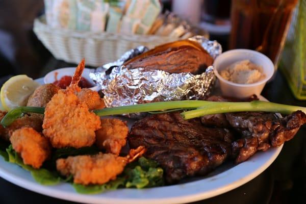 Steak and shrimp with sweet potatoe