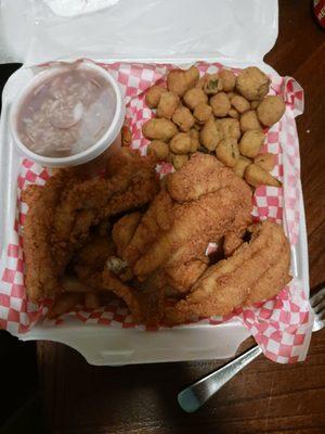 Catfish,  fried okra, redbeans and rice. Yum