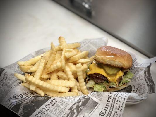 Blanchard burger with fries.