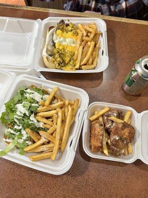 Top; Philly Steak Combo with juice Bottom; 3 Chicken Tacos and Fries with drink & Chicken Strips 3 Pieces