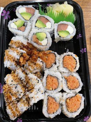 Philadelphia roll, spicy tuna roll and Shrimp Tempura Roll