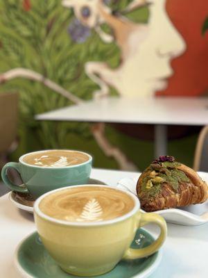 Latte, Cafe Mocha and Pistachio Croissant