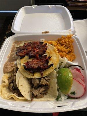 3 Taco Plate 2 Steak and 1 Tromp Taco with Rice and Beans