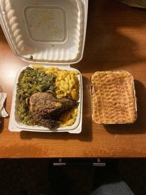 Jerk Chicken, greens and macaroni & cheese