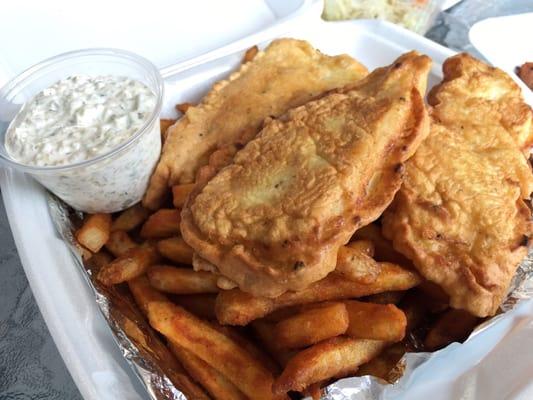 Fish and Chips. Not greasy and the tartar sauce is awesome. The batter is more egg based versus flour, so it's not as crispy.