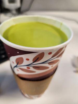 Matcha / tumeric latte Silk oatmilk $7.35 for Monday rainny 12/18/23