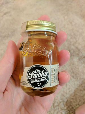 Pocket shot of Ole Smoky Moonshine Apple Pie in a teeny Mason jar!