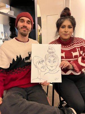 holiday party caricature of a couple