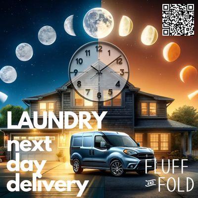 Fluff & Fold delivers laundry next day Mon-Fri! Visit our website or scan the QR for more.