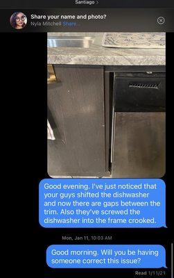 Counter top showing gap and ignored texts from company owner