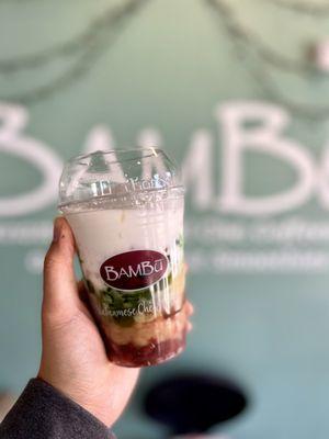 Bambu Combo - Red, White, Mungbean fillings, Taro, Pandan Jelly, Boba, Rainbow Jelly, and Coconut Milk