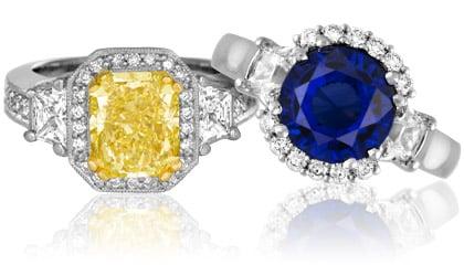 Canary diamond and sapphire rings. By Designer Ron George