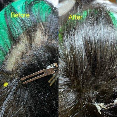 Damaged hair piece before and after.