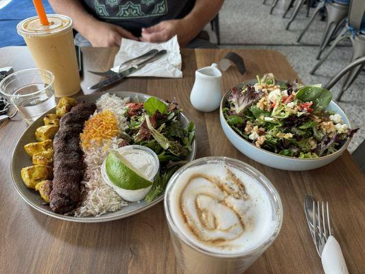 Combo plate, strawberry balsamic salad, house latte, mango smoothie