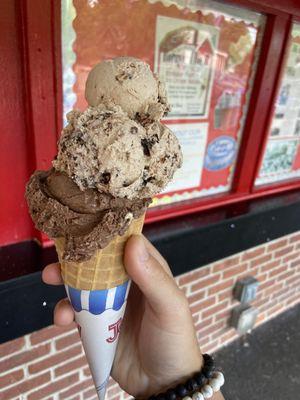 Peanut Butter Fudge Brownie and Chocolate Fudge in a waffle cone