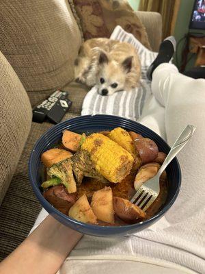 Potatoes, broccoli and corn from the Cajun boil