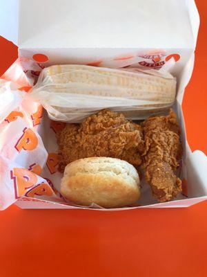 2 piece combo comes w/a side, a biscuit, and a medium drink. $8.59 }:{