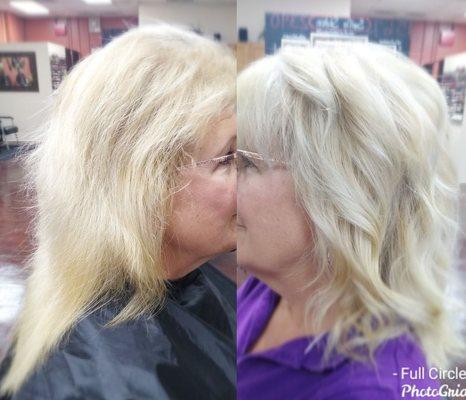 Before and after. Brassy and damaged shortened end. Color correction and shag cut by Patricia