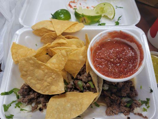 3 beef tacos and chips & salsa. Yummy