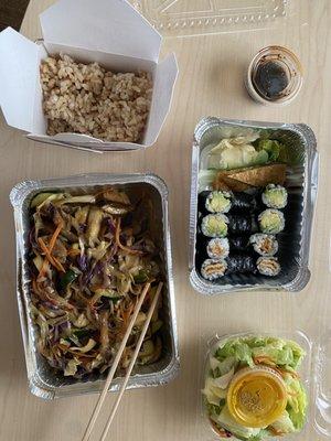 The order: Veggie heaven with brown rice, bean curd maki, avocado maki, and the ginger salad