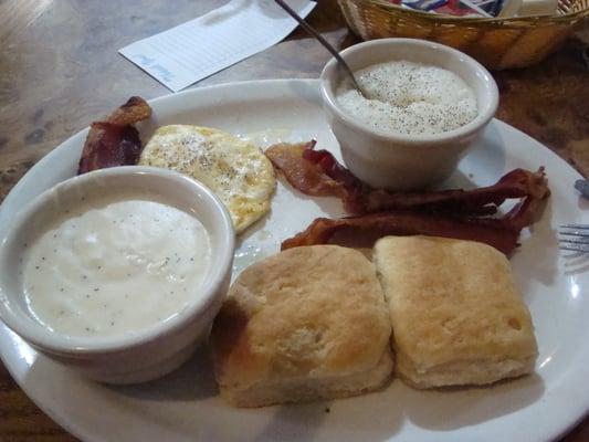 Eggs, bacon,grits, biscuits and gravy