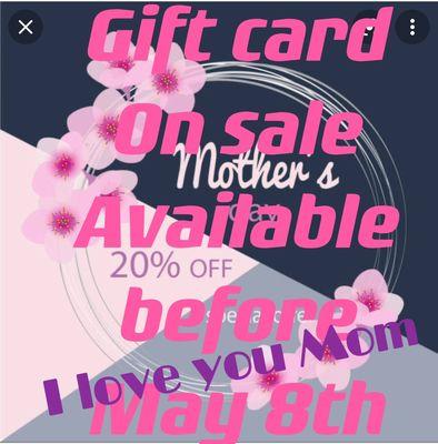 20% off gift card on sale only available before May 9th