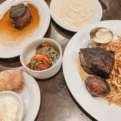 8oz filet and steak frites with twisted shrimp add on