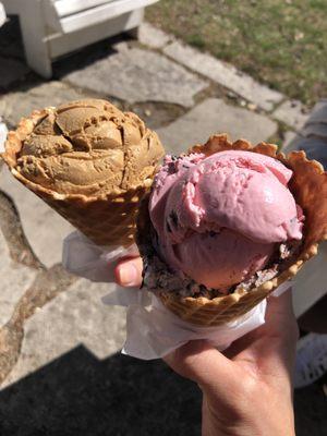 Waffle cones with jamocha ice cream and raspberry chocolate chip on top. Salty cookie on bottom of both!