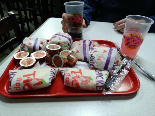 Two #2 dinners. Taco, Sancho, taco burger and small drink.