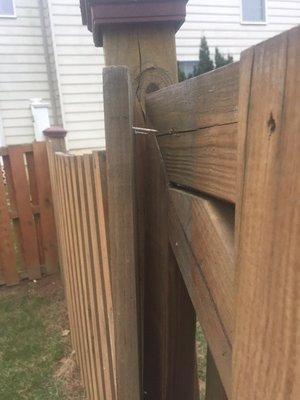 Fence door broken off hinge.