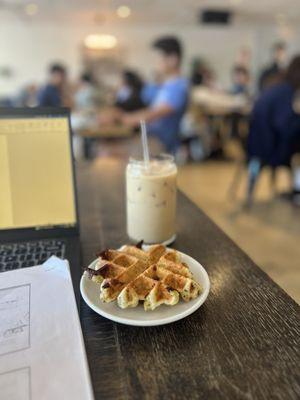 Jasmine iced latte + everything bagel cheese waffle