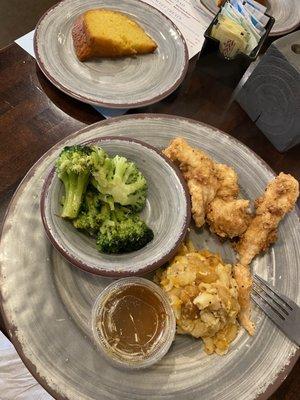 Chicken dinner included cake. Add beverage, under $15. Sauce on the side as requested .