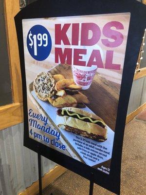 Kids Meal $1.99 on Mondays after 4pm