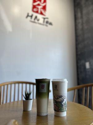 Jasmine green tea with boba & Macha green tea with oat milk