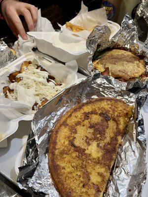 [clockwise] yuca frita; blt patacon; cachapa de pabellón; maduros