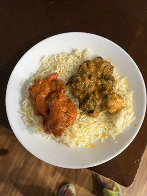 Butter Chicken (left) Palak Paneer (right) over rice