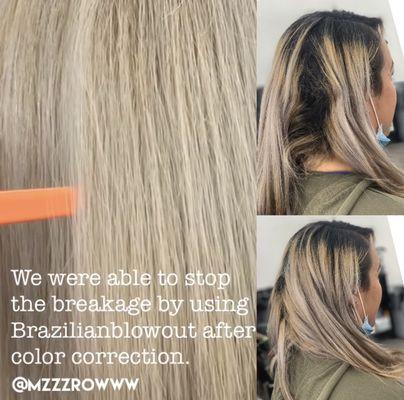 We were able to stop the breakage by using Brazilianblowout after color correction.